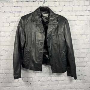 Clio Women's Black Leather Button Down Blazer Jacket